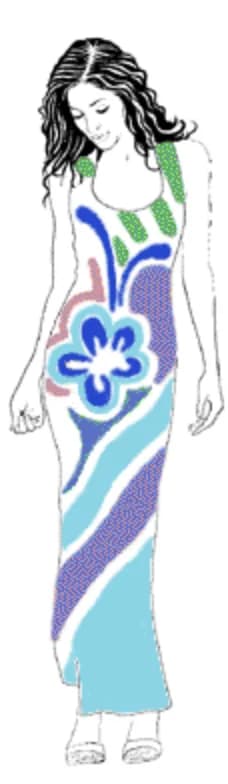 Illustration de mode : robe imprimée d'un motif floral bleu et violet